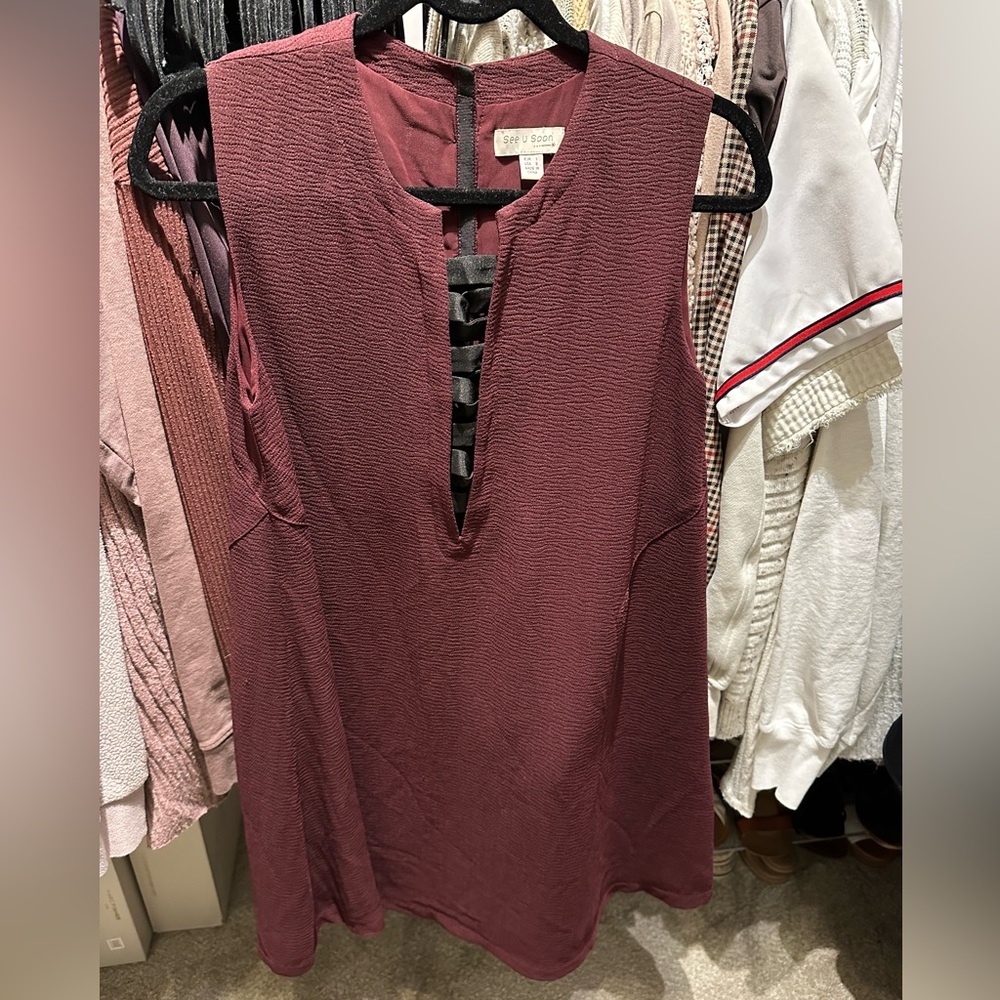Burgundy Crepe Sleeveless Tunic Dress with Black Lace Up Front Detail